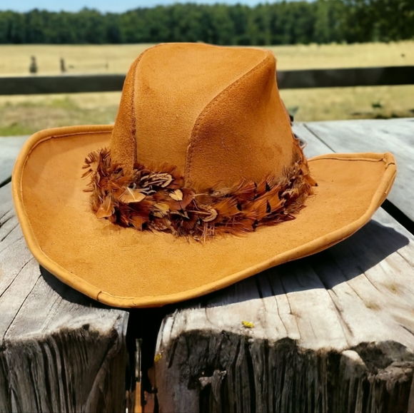 Cowboy Hat Suede With Pheasant Feathers Womens Large - Picture 1 of 11